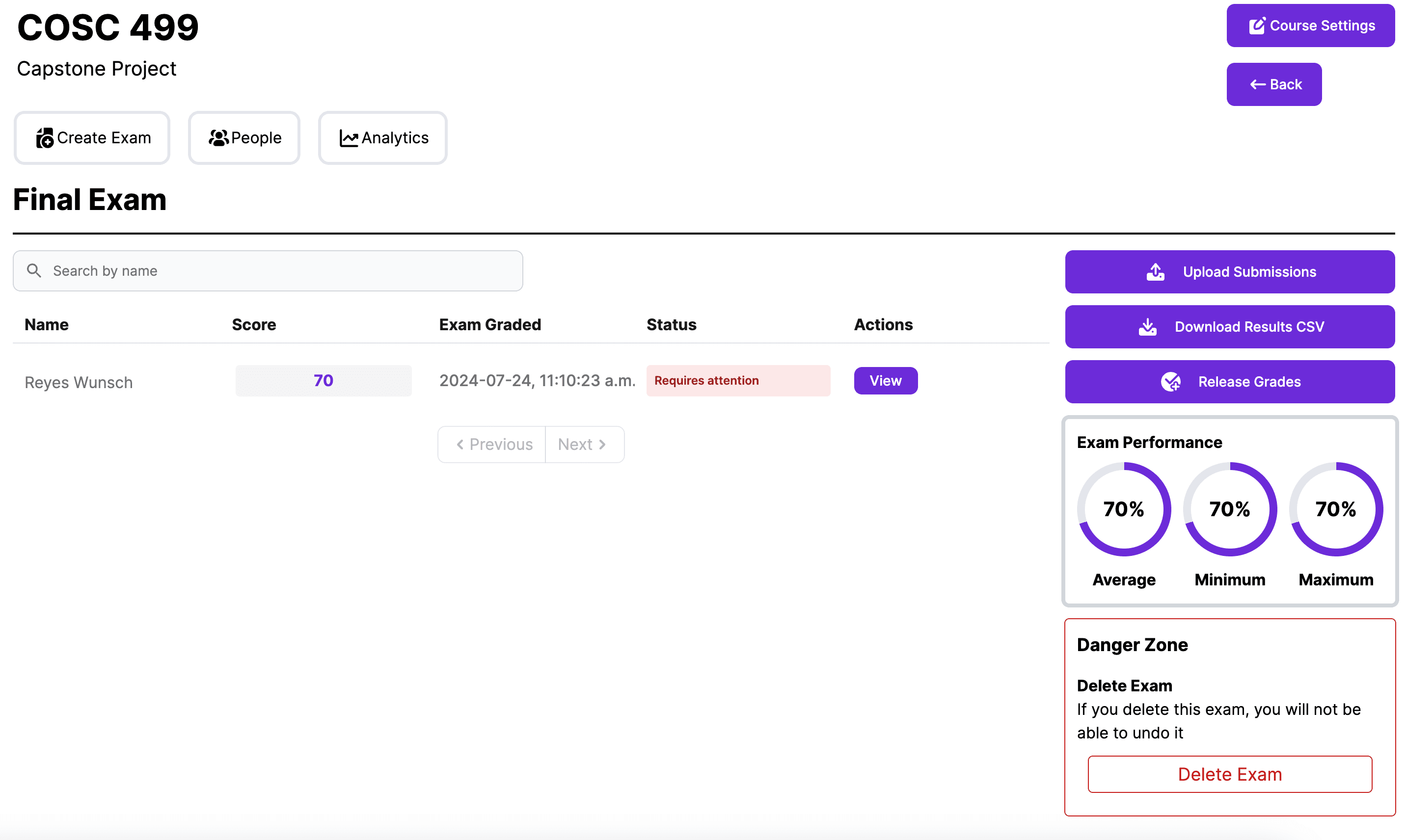 A sample exam page where professors can view graded exams and overall scores.